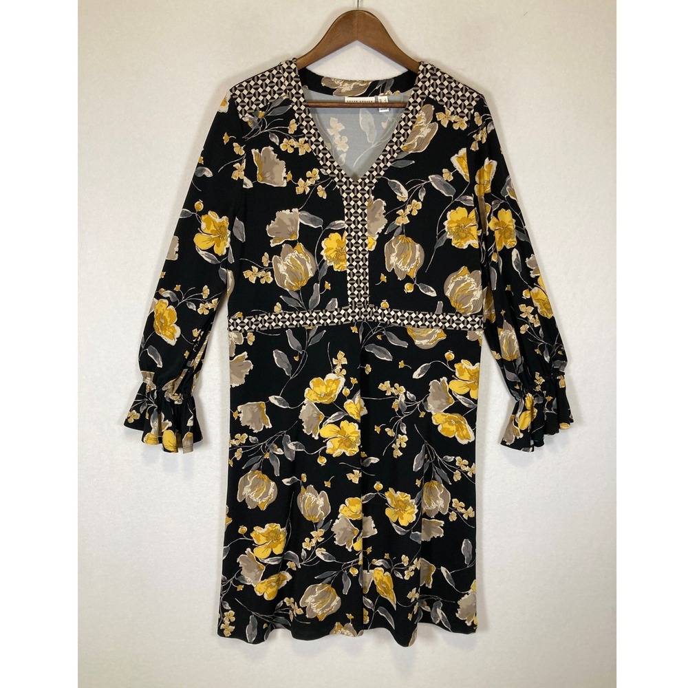 Boho Floral Susan Graver Women L Black Yellow V-Neck Bell Sleeve Tunic Dress